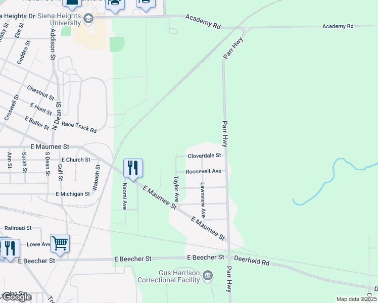 map of restaurants, bars, coffee shops, grocery stores, and more near 2000 Cloverdale Avenue in Adrian