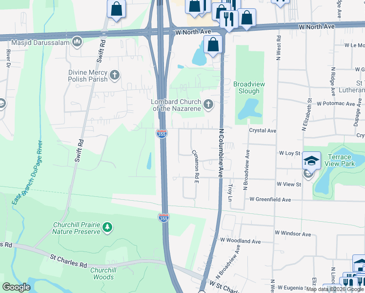 map of restaurants, bars, coffee shops, grocery stores, and more near 342 Buckingham Court in Lombard