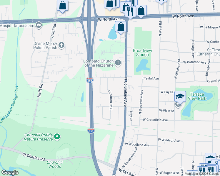 map of restaurants, bars, coffee shops, grocery stores, and more near 339 Cimarron Road West in Lombard