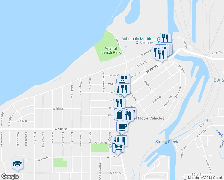 map of restaurants, bars, coffee shops, grocery stores, and more near 1645 West 5th Street in Ashtabula