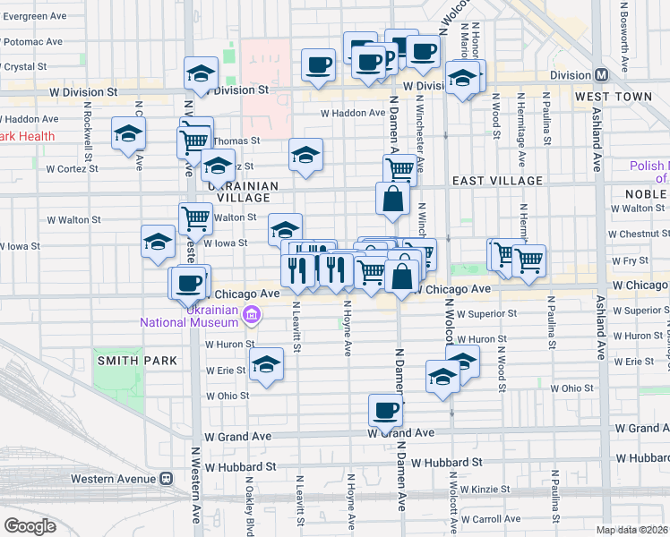 map of restaurants, bars, coffee shops, grocery stores, and more near 2101 West Rice Street in Chicago