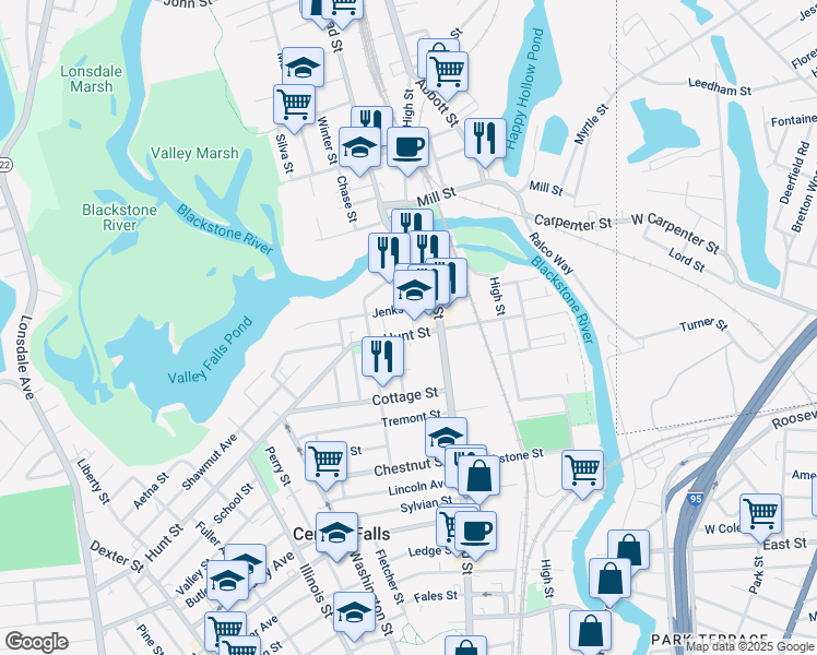 map of restaurants, bars, coffee shops, grocery stores, and more near 145 Hunt Street in Central Falls