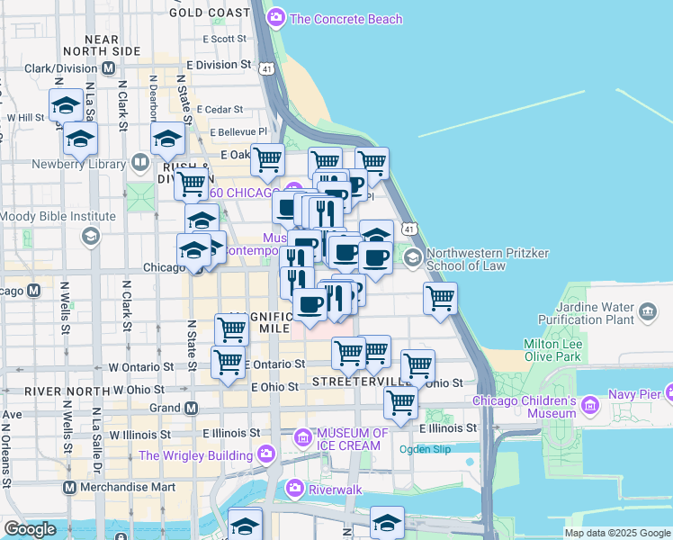 map of restaurants, bars, coffee shops, grocery stores, and more near 245 East Chicago Avenue in Chicago