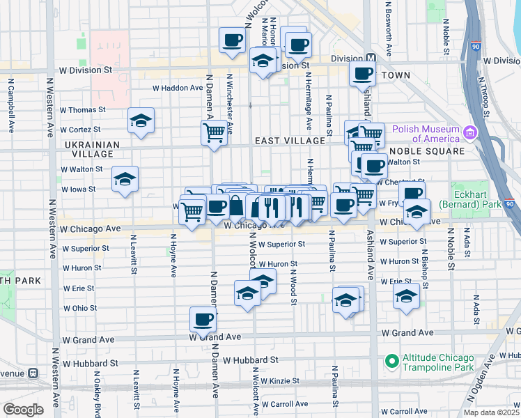 map of restaurants, bars, coffee shops, grocery stores, and more near 1845 West Rice Street in Chicago