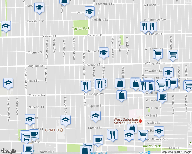 map of restaurants, bars, coffee shops, grocery stores, and more near 260 Iowa Street in Oak Park