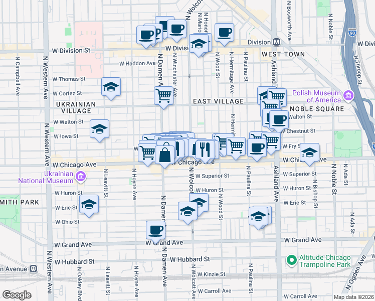 map of restaurants, bars, coffee shops, grocery stores, and more near 820 North Wolcott Avenue in Chicago