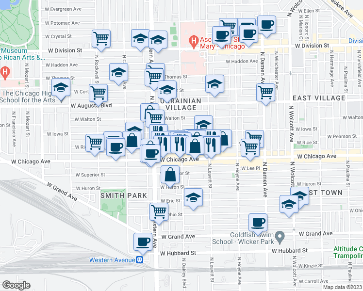 map of restaurants, bars, coffee shops, grocery stores, and more near N Oakley Blvd & W Rice St in Chicago
