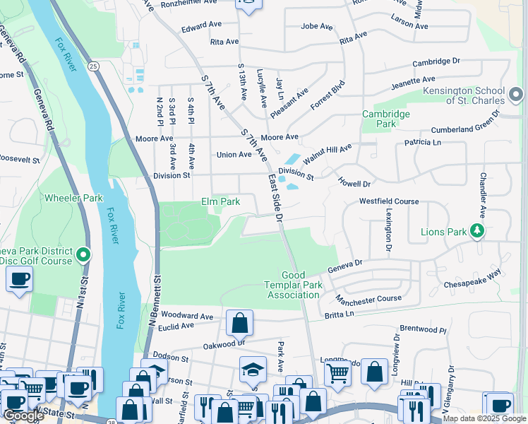 map of restaurants, bars, coffee shops, grocery stores, and more near 602 Illinois Prairie Path - Geneva Spur in Geneva