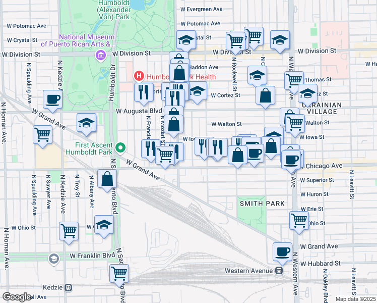 map of restaurants, bars, coffee shops, grocery stores, and more near 832 North Fairfield Avenue in Chicago