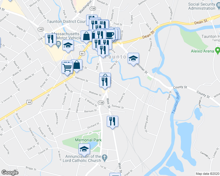 map of restaurants, bars, coffee shops, grocery stores, and more near 2 Newcomb Place in Taunton