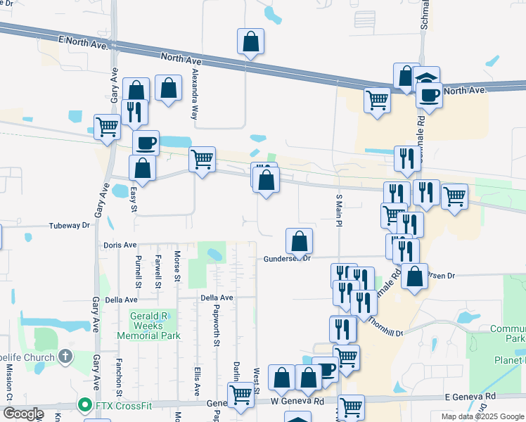 map of restaurants, bars, coffee shops, grocery stores, and more near 275 Commonwealth Drive in Carol Stream