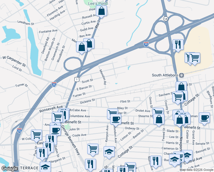 map of restaurants, bars, coffee shops, grocery stores, and more near 1 Turner Street in Attleboro