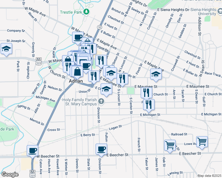 map of restaurants, bars, coffee shops, grocery stores, and more near 371 East Church Street in Adrian