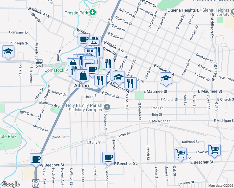 map of restaurants, bars, coffee shops, grocery stores, and more near 327 East Church Street in Adrian