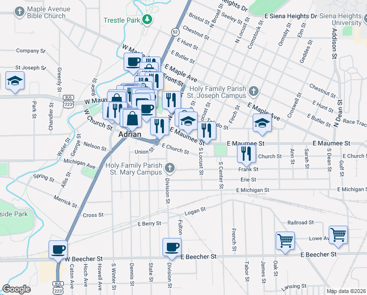 map of restaurants, bars, coffee shops, grocery stores, and more near 327 East Church Street in Adrian