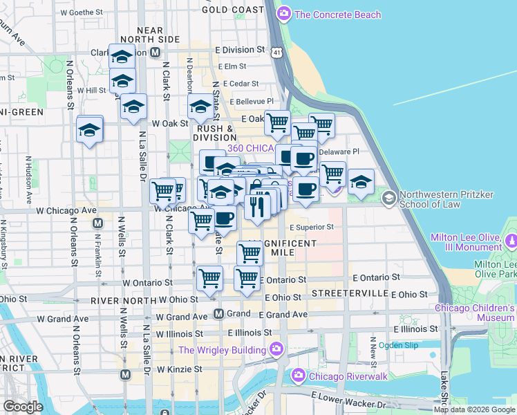 map of restaurants, bars, coffee shops, grocery stores, and more near 101 East Chicago Avenue in Chicago