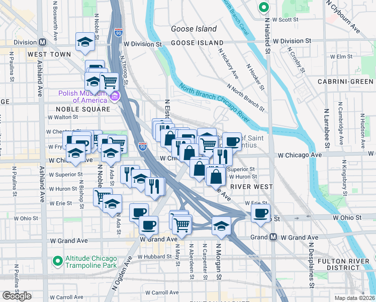 map of restaurants, bars, coffee shops, grocery stores, and more near in Chicago
