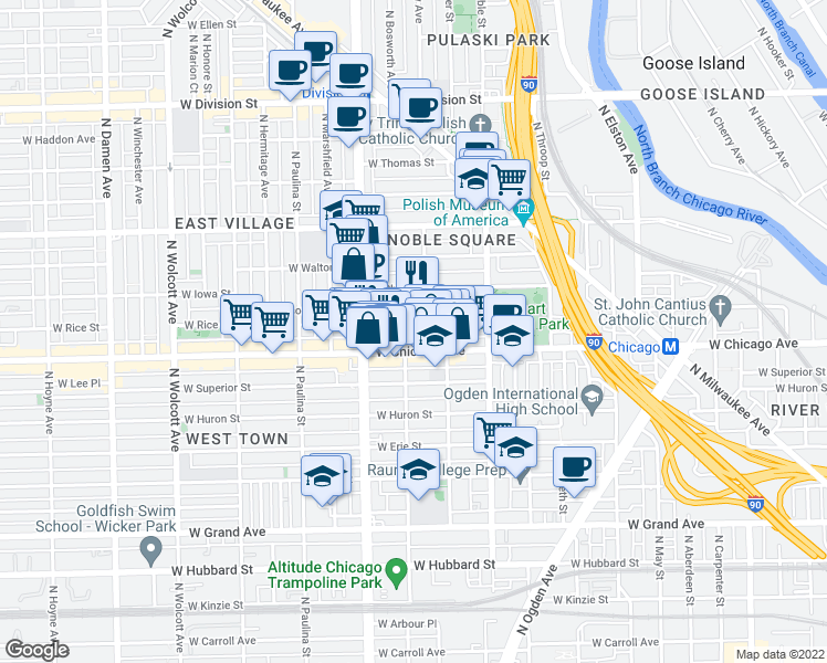map of restaurants, bars, coffee shops, grocery stores, and more near 1522 West Chicago Avenue in Chicago
