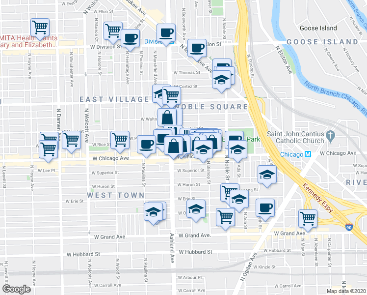 map of restaurants, bars, coffee shops, grocery stores, and more near 1522 West Chicago Avenue in Chicago
