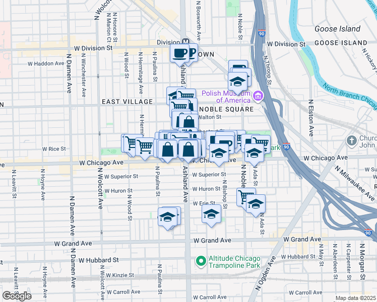 map of restaurants, bars, coffee shops, grocery stores, and more near 814 North Ashland Avenue in Chicago