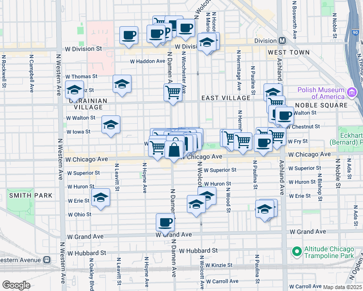 map of restaurants, bars, coffee shops, grocery stores, and more near 818 North Winchester Avenue in Chicago