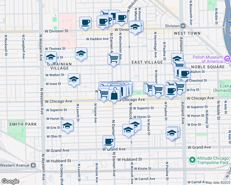 map of restaurants, bars, coffee shops, grocery stores, and more near 818 North Winchester Avenue in Chicago