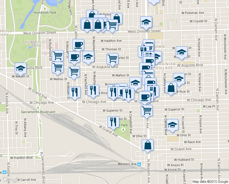 map of restaurants, bars, coffee shops, grocery stores, and more near 825 North Rockwell Street in Chicago