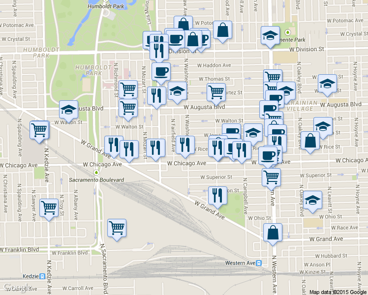 map of restaurants, bars, coffee shops, grocery stores, and more near 822 North Washtenaw Avenue in Chicago