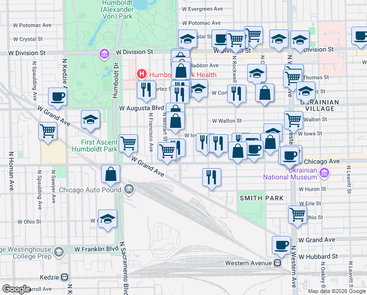 map of restaurants, bars, coffee shops, grocery stores, and more near in Chicago