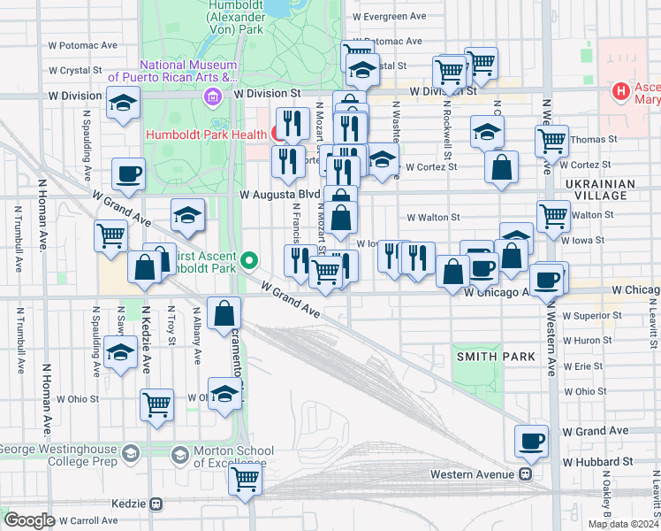 map of restaurants, bars, coffee shops, grocery stores, and more near 827 North Mozart Street in Chicago