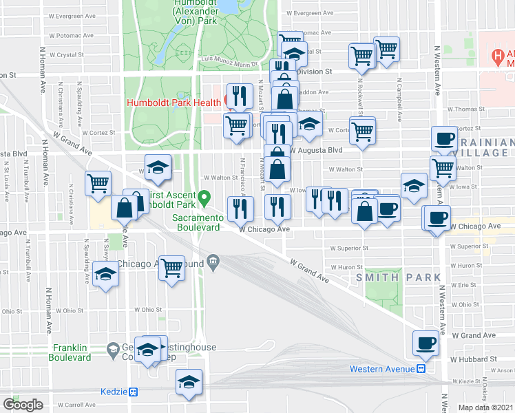 map of restaurants, bars, coffee shops, grocery stores, and more near 827 North Francisco Avenue in Chicago