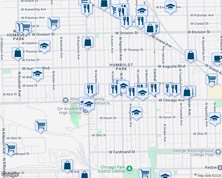 map of restaurants, bars, coffee shops, grocery stores, and more near 832 North Avers Avenue in Chicago