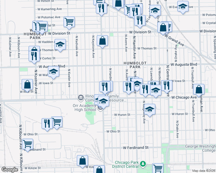 map of restaurants, bars, coffee shops, grocery stores, and more near 837 North Pulaski Road in Chicago