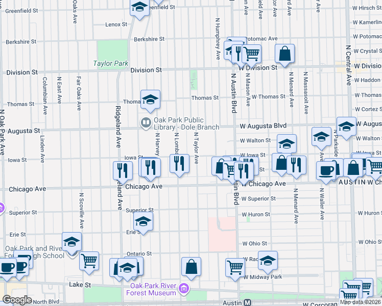 map of restaurants, bars, coffee shops, grocery stores, and more near 115 Iowa Street in Oak Park