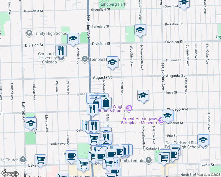 map of restaurants, bars, coffee shops, grocery stores, and more near 611 Belleforte Avenue in Oak Park