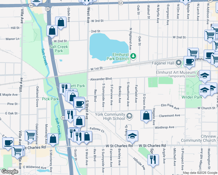 map of restaurants, bars, coffee shops, grocery stores, and more near 165 South Fairview Avenue in Elmhurst