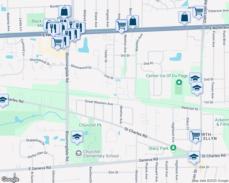 map of restaurants, bars, coffee shops, grocery stores, and more near 1000 Windsong Circle in Glendale Heights