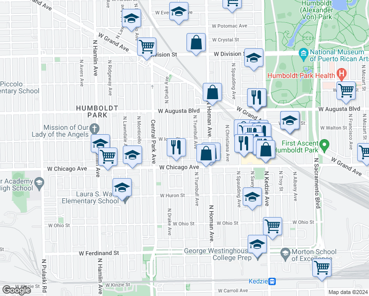 map of restaurants, bars, coffee shops, grocery stores, and more near 839 North Saint Louis Avenue in Chicago