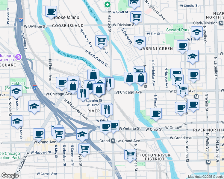 map of restaurants, bars, coffee shops, grocery stores, and more near 800 West Chicago Avenue in Chicago