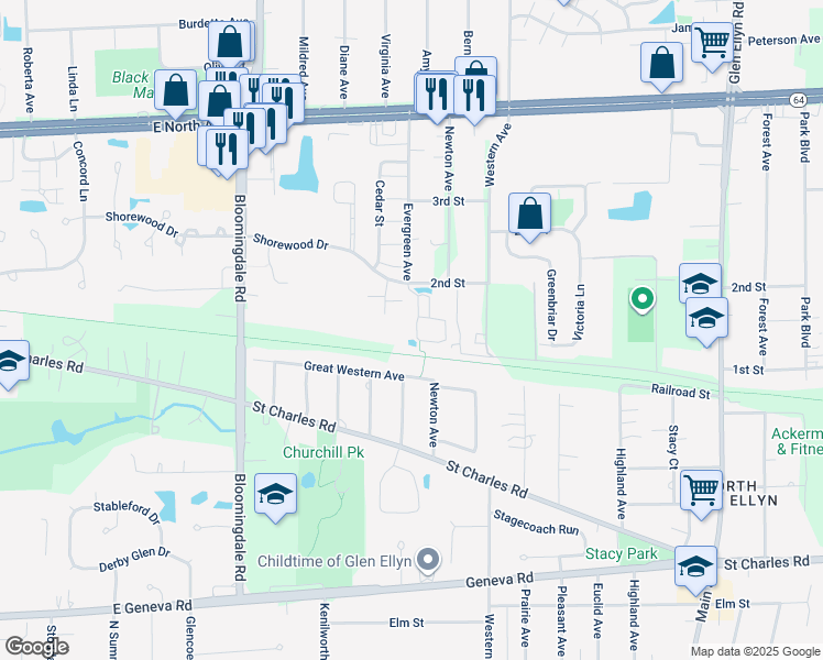 map of restaurants, bars, coffee shops, grocery stores, and more near 1000 Windsong Circle in Glendale Heights