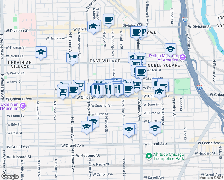 map of restaurants, bars, coffee shops, grocery stores, and more near 817 North Wood Street in Chicago