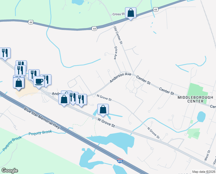 map of restaurants, bars, coffee shops, grocery stores, and more near 14 Anderson Avenue in Middleborough