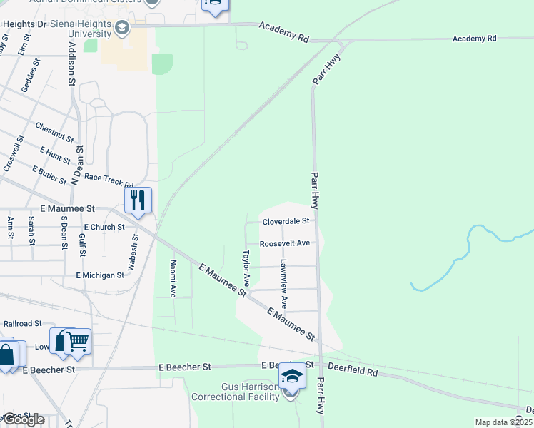 map of restaurants, bars, coffee shops, grocery stores, and more near 2000 Cloverdale Avenue in Adrian