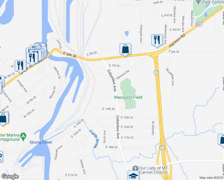 map of restaurants, bars, coffee shops, grocery stores, and more near East 12th Street in Ashtabula