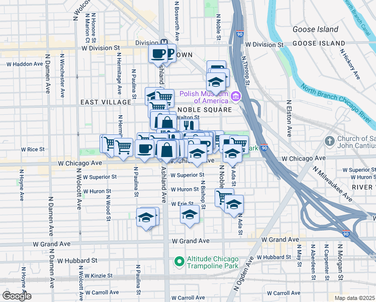map of restaurants, bars, coffee shops, grocery stores, and more near 1522 West Chicago Avenue in Chicago