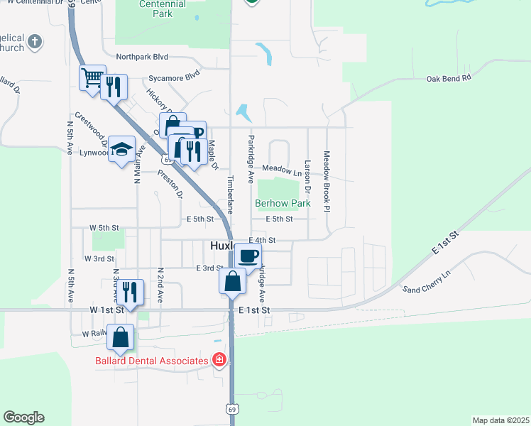map of restaurants, bars, coffee shops, grocery stores, and more near 505 East 5th Street in Huxley