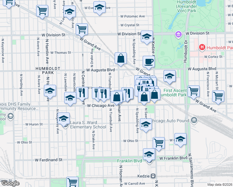 map of restaurants, bars, coffee shops, grocery stores, and more near 833 North Trumbull Avenue in Chicago
