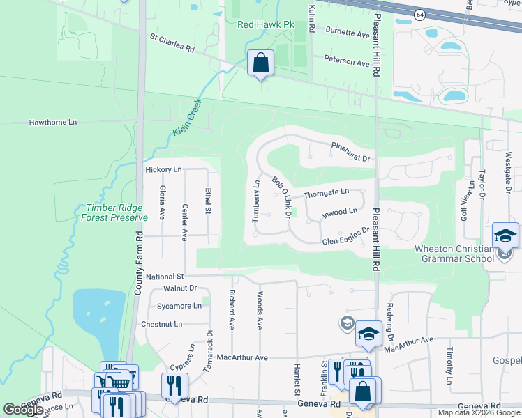 map of restaurants, bars, coffee shops, grocery stores, and more near 1N559 Turnberry Lane in Winfield