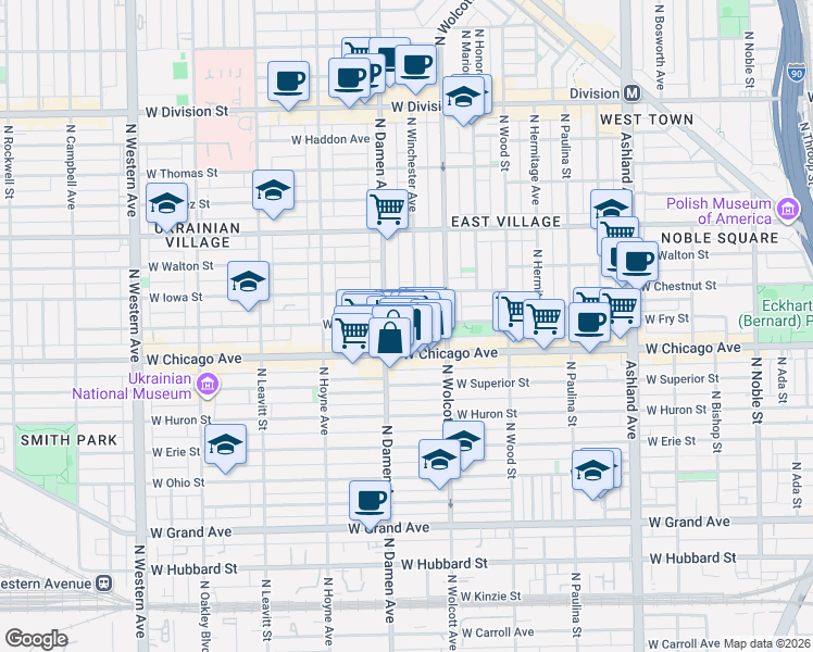 map of restaurants, bars, coffee shops, grocery stores, and more near 818 North Winchester Avenue in Chicago