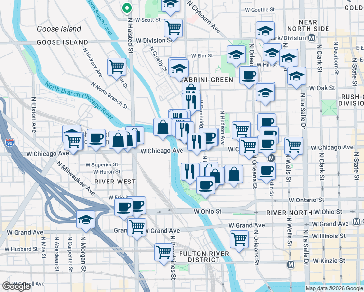 map of restaurants, bars, coffee shops, grocery stores, and more near 600 West Chicago Avenue in Chicago